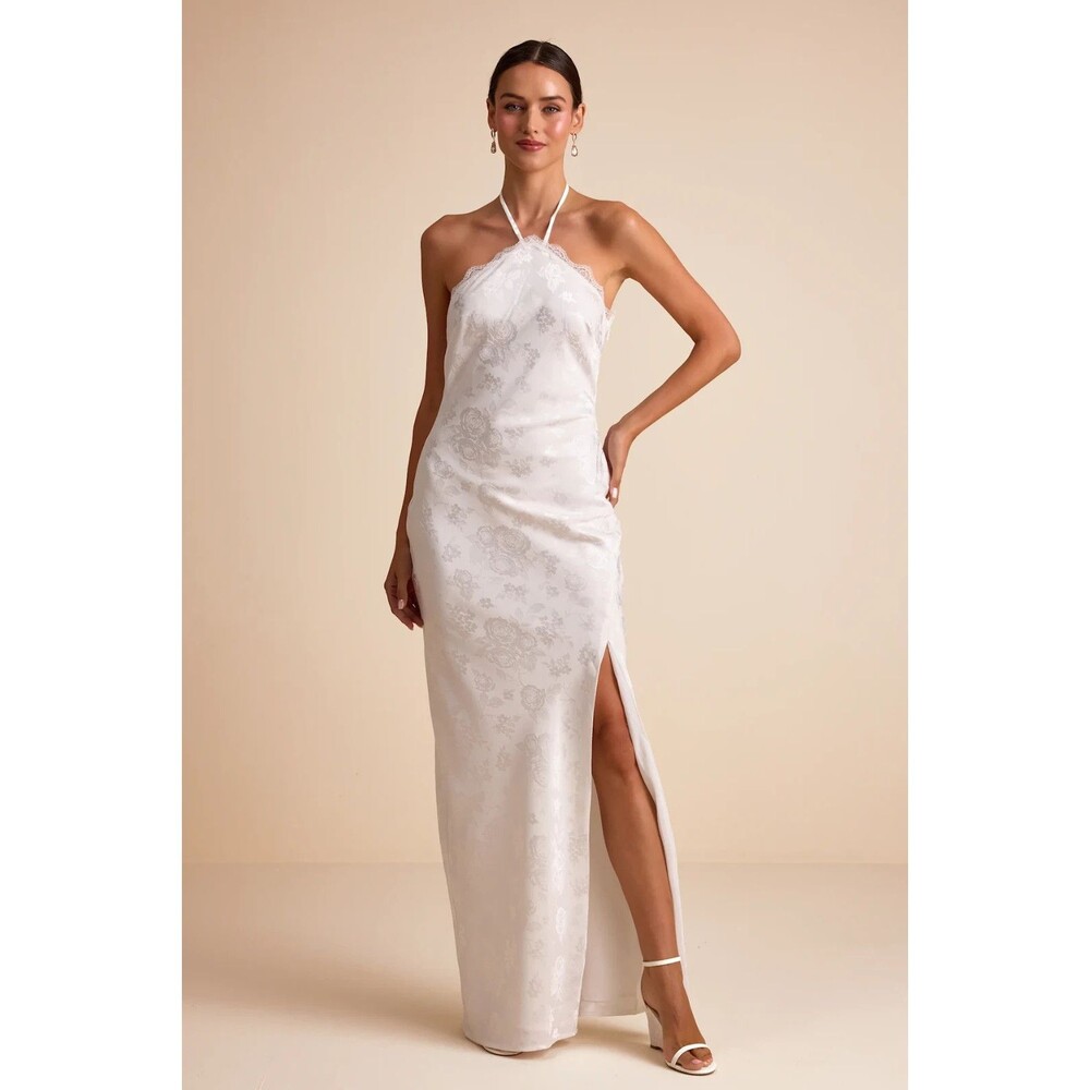 NWT Lulus Emeris White Satin Jacquard Lace Halter Maxi Dress Coquette Bridal